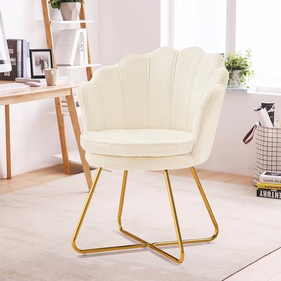 Furniliving Modern Sherpa Accent Chair Shell Back Makeup Chair Upholstered Arm Chair, White