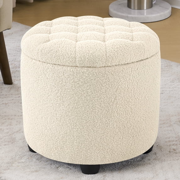 Furniliving Modern Storage Ottoman Tufted Footrest Stool Ottoman for Living Room, Bedroom, Sherpa, IvoryWhite