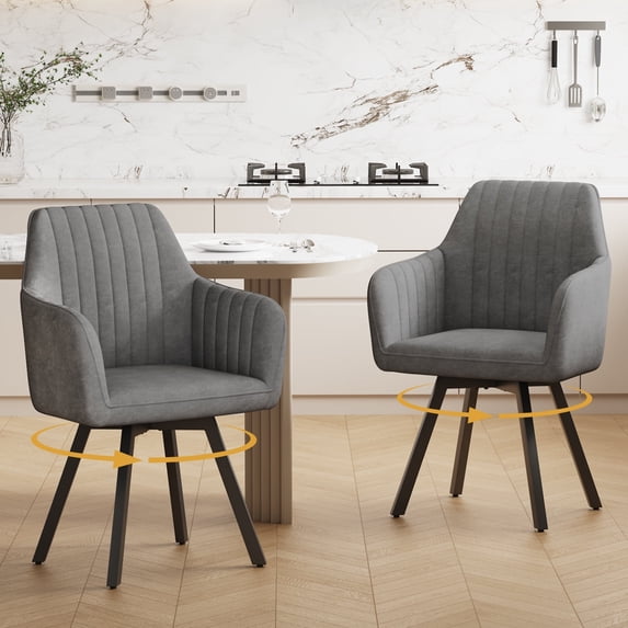 Furniliving Modern Swivel Accent Chair Set of 2, Upholstered Armchair with Metal Legs, Mid Back Comfy Accent Armchair, Makeup Chair for Living Room, Bedroom, Dark Grey