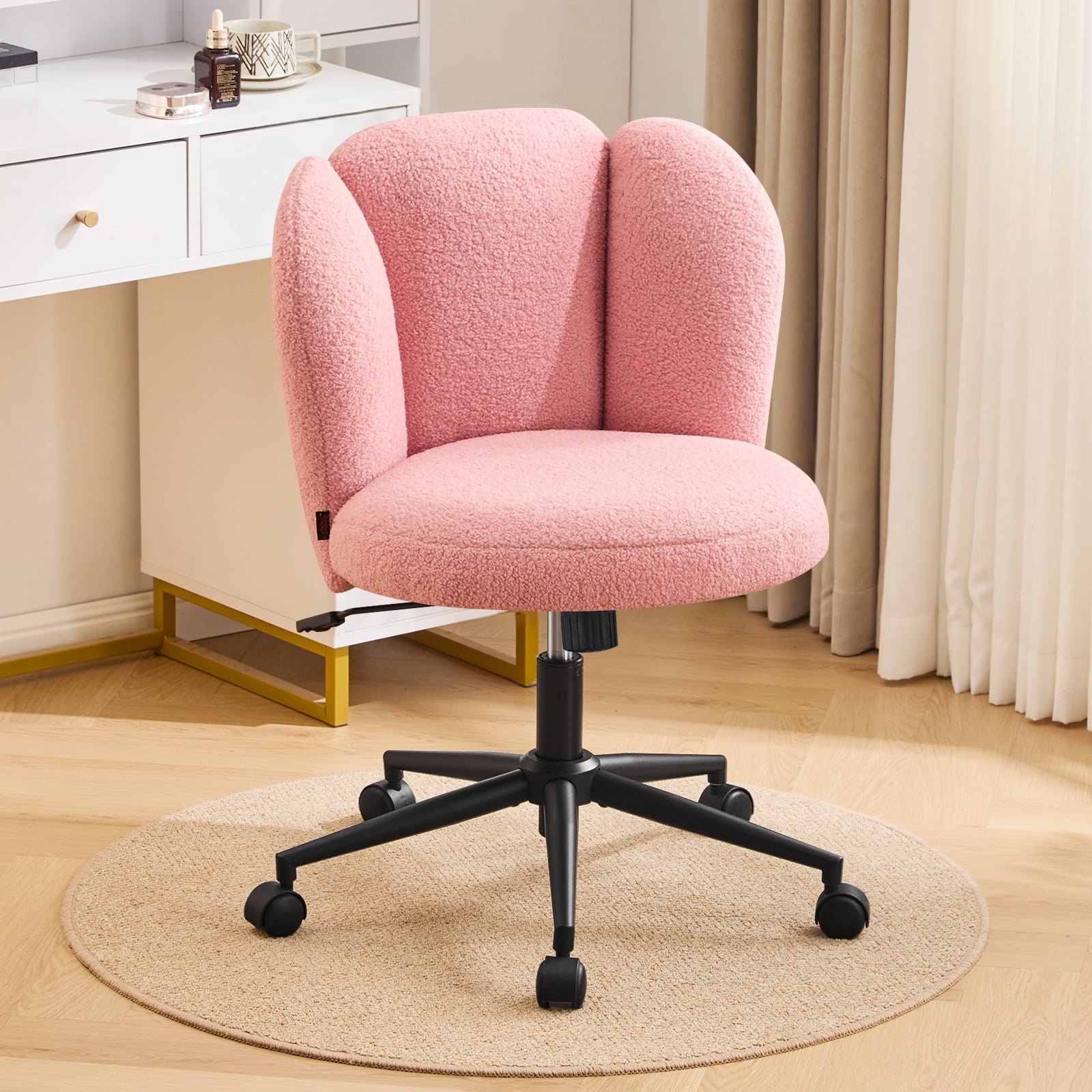 Furniliving Modern Upholstered Home Office Chair with Cloud Shaped Backrest, Cute Armless Vanity Chair, 360° Swivel Height Adjustable Desk Chair, Computer Task Chair for Bedroom, Pink