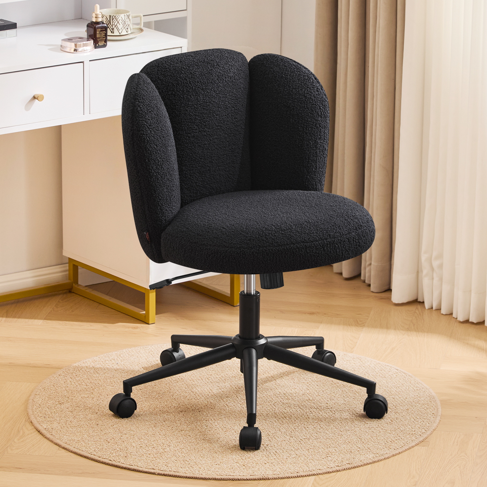 Furniliving Modern Upholstered Home Office Chair with Cloud Shaped Backrest, Cute Armless Vanity Chair, 360° Swivel Height Adjustable Desk Chair, Computer Task Chair for Bedroom, Black