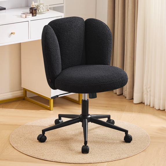 Furniliving Modern Upholstered Home Office Chair with Cloud Shaped Backrest, Cute Armless Vanity Chair, 360° Swivel Height Adjustable Desk Chair, Computer Task Chair for Bedroom, Black