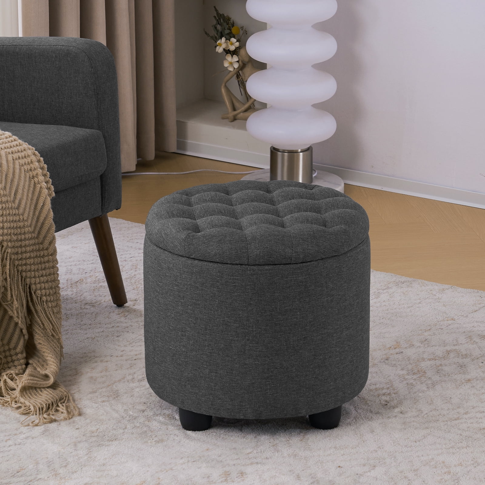 Furniliving Modern Upholstered Round Storage Ottoman Faux Linen ...