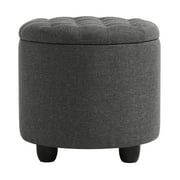 Furniliving Modern Upholstered Round Storage Ottoman Linen Footrest Stool Ottoman Bench, DarkGray