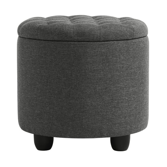 Furniliving Modern Upholstered Round Storage Ottoman Linen Footrest Stool Ottoman Bench, DarkGray