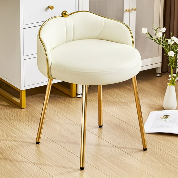 Furniliving Modern Vanity Makeup Chair, Comfy Accent Chair with Low Back, Faux Leather Small Makeup Stool for Living, Bedroom, Beige
