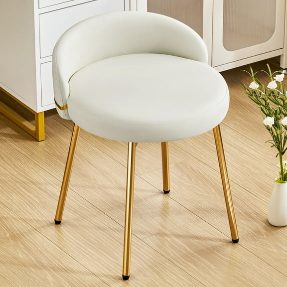 Furniliving Modern Vanity Makeup Chair, Comfy Accent Chair with Low Back, Faux Leather Small Makeup Stool for Living, Bedroom, White