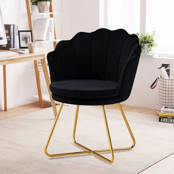 Furniliving Modern Velvet Accent Chair Shell Back Makeup Chair Upholstered Vanity Stool,Black