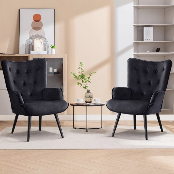 Furniliving Modern Velvet Accent Chairs Set of 2, Upholstered Wingback Armchair Chair , Black