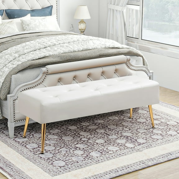 Furniliving  PU Ottoman Bench Modern Mudroom Bench Shoe Bench Upholstered Bedroom Bench,Ivory White