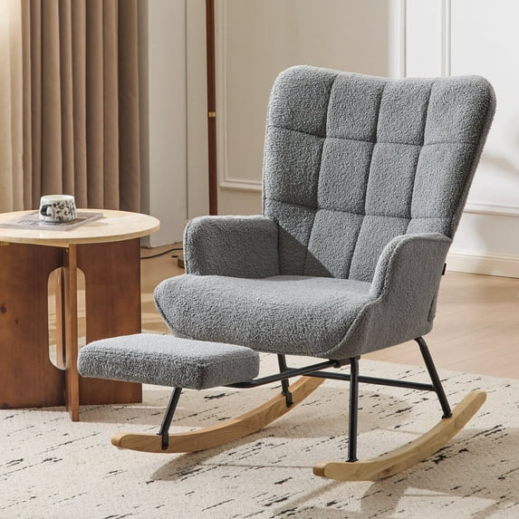 Furniliving Rocking Chair, Upholstered Nursery Rocking Chair with Footrest, High Backrest, Thick Cushion Glider Rocker Accent Chair, Comfy Armchair for Living Room, Bedroom, Nursery, Gray