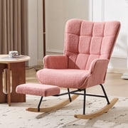 Furniliving Rocking Chair, Upholstered Nursery Rocking Chair with Footrest, High Backrest, Thick Cushion Glider Rocker Accent Chair, Comfy Armchair for Living Room, Bedroom, Nursery, Pink
