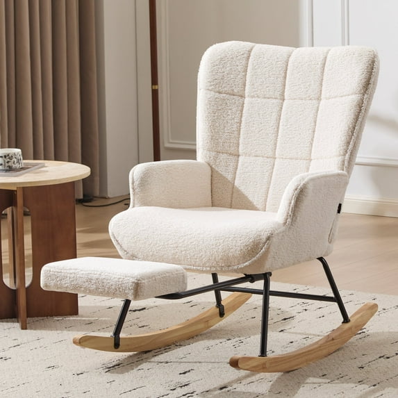 Furniliving Rocking Chair, Upholstered Nursery Rocking Chair with Footrest, High Backrest, Thick Cushion Glider Rocker Accent Chair, Comfy Armchair for Living Room, Bedroom, Nursery, White