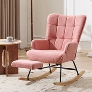 Furniliving Rocking Chair, Upholstered Nursery Rocking Chair with Footrest, High Backrest, Thick Cushion Glider Rocker Accent Chair, Comfy Armchair for Living Room, Bedroom, Nursery, Pink
