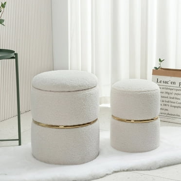 Furniliving Round Footstool Storage Ottoman Footrest Modern Upholstered Vanity Stool White, Pack of 2