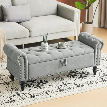 Furniliving Storage Ottoman Bench Button Tufted End of Bed Bench Storage Bench for Bedroom, Light Gray