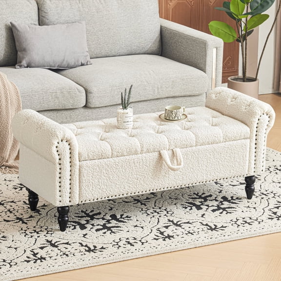 Furniliving Storage Ottoman Bench Button Tufted End of Bed Bench Storage Bench for Bedroom, White