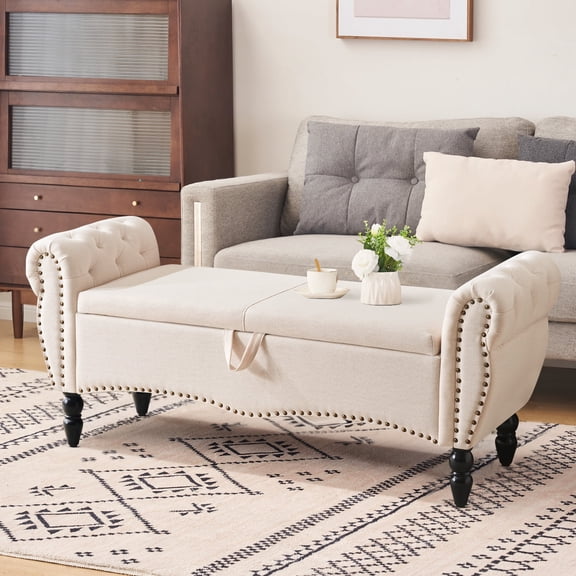Furniliving Storage Ottoman Bench Button Tufted End of Bed Bench Storage Bench for Living Room, Bedroom, Beige
