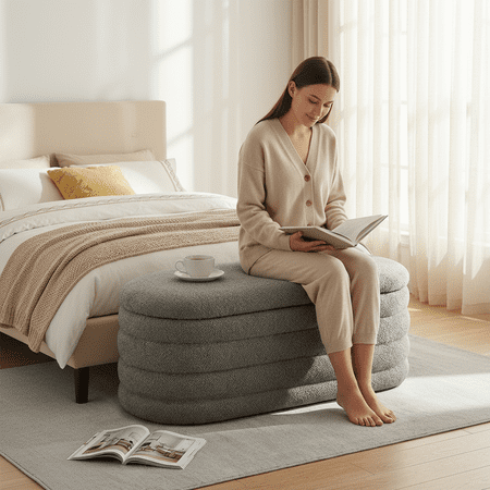 Furniliving Storage Ottoman Bench, Upholstered End of Bed Bench with Large Storage, Faux Teddy Entryway Bedroom Bench, Flipping Lid Storage Bench for Living Room, Bedroom, Entryway. Gray