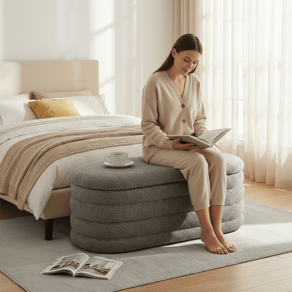 Furniliving Storage Ottoman Bench, Upholstered End of Bed Bench with Large Storage, Faux Teddy Entryway Bedroom Bench, Flipping Lid Storage Bench for Living Room, Bedroom, Entryway. Gray