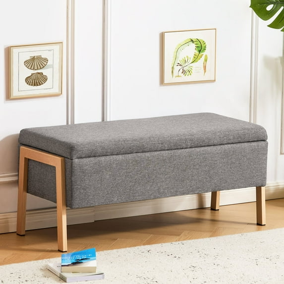 Furniliving Storage Ottoman Bench, Upholstered End of Bed Bench with Wood Legs, Linen Entryway Bedroom Bench, Flipping Lid Storage Bench for Living Room, Bedroom, Entryway. Gray