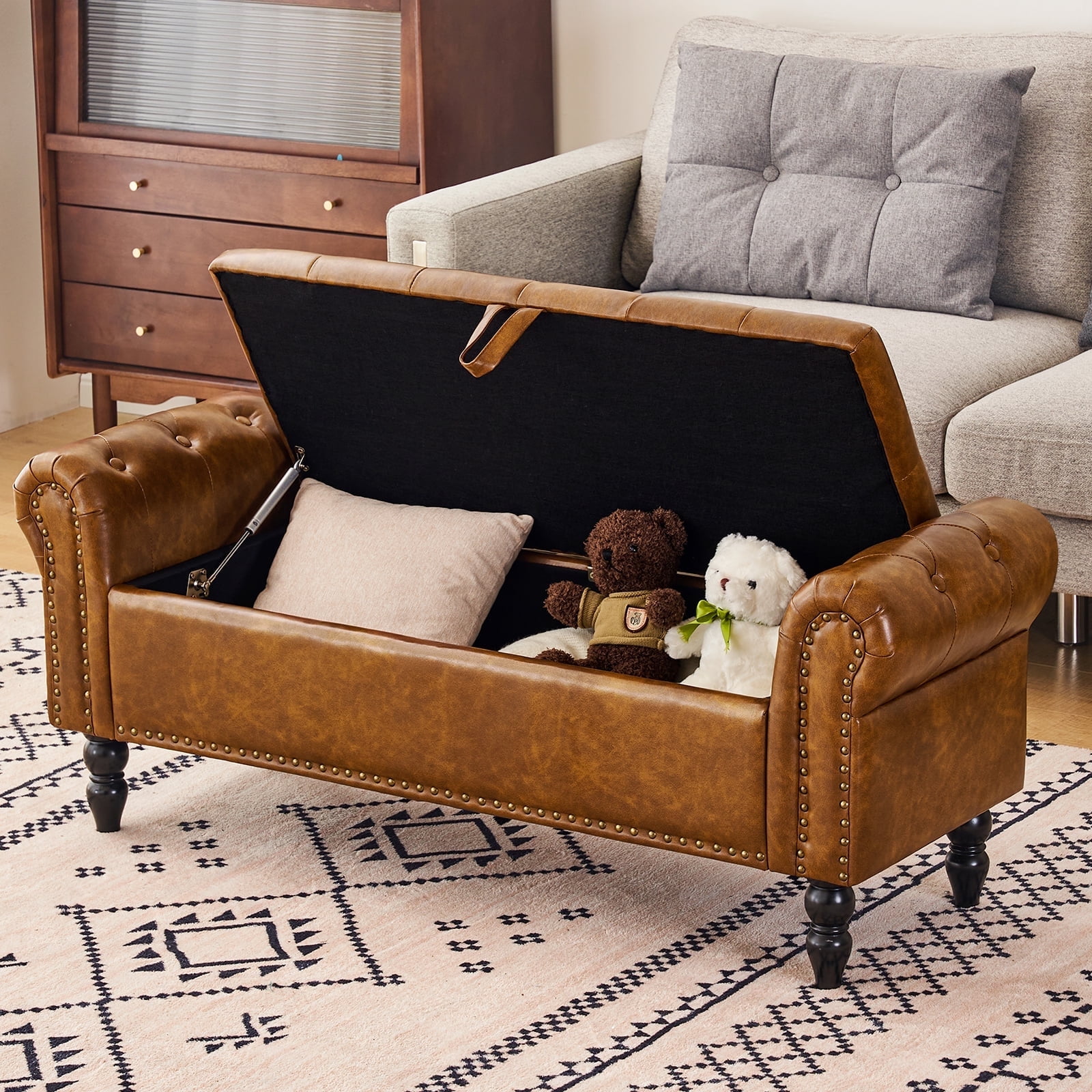 Yellow Brown Faux Leather Tufted Storage Bench with Black Legs