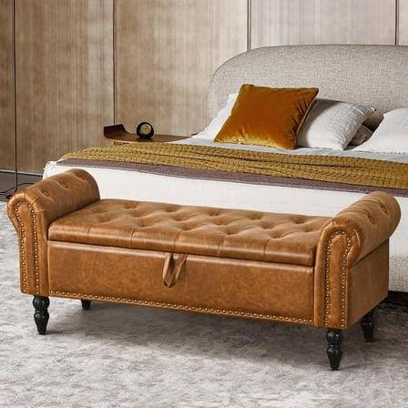 Furniliving Storage Ottoman Bench with Arms Button Tufted End of Bed Bench Large Storage Bench for Bedroom, Entryway, YellowBrown