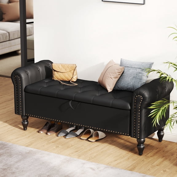 Furniliving Storage Ottoman Bench with Arms, Button Tufted End of Bed Bench, PU fabric Storage Bench for Bedroom, Entryway, Black