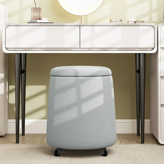 Furniliving Storage Ottoman with Wheels, Upholstered Swivel Faux Terry Fabric Vanity Stool, Small Foot Stools Ottoman, Round Coffee Table for Living Room, Bedroom, Gray