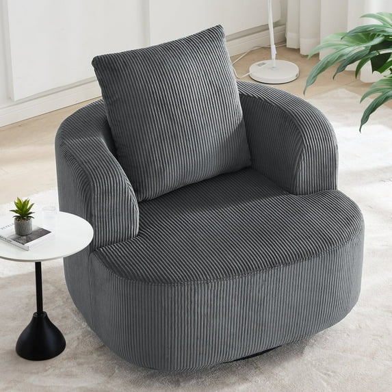 Furniliving Swivel Accent Chair, Oversized Round Barrel Chair with Pillows, Corduroy Fabric Armchair Chair, Upholstered Single Sofa for Living Room, Bedroom, Office (Dark Grey)