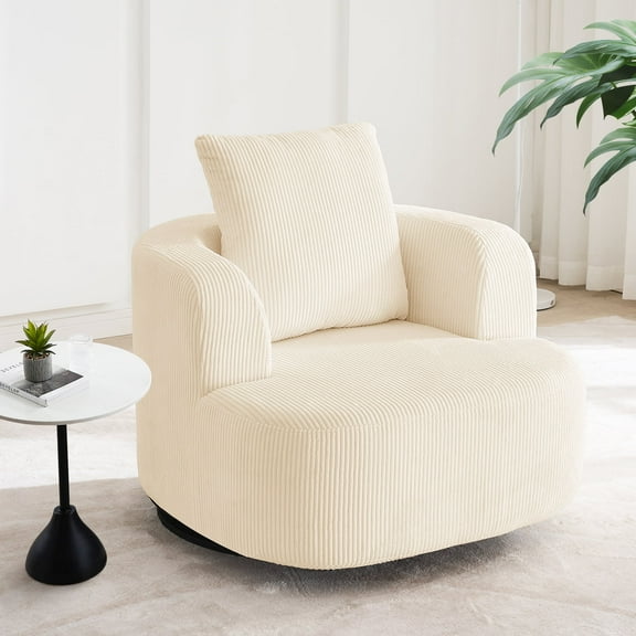 Furniliving Swivel Accent Chair, Oversized Round Barrel Chair with Pillows, Corduroy Fabric Armchair Chair, Upholstered Single Sofa for Living Room, Bedroom, Office (Beige)