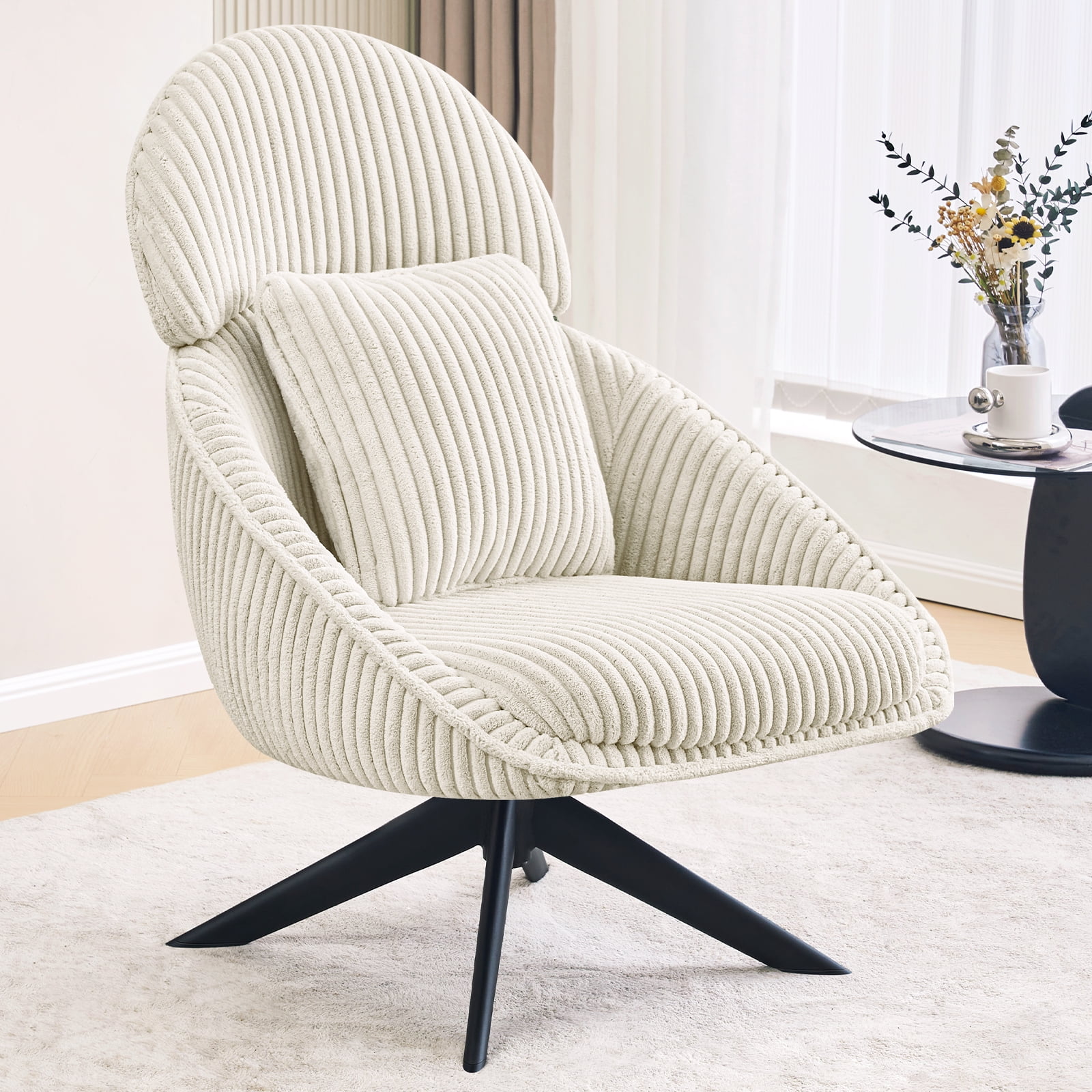 Beige Corduroy Swivel Lounge Chair with Pillow