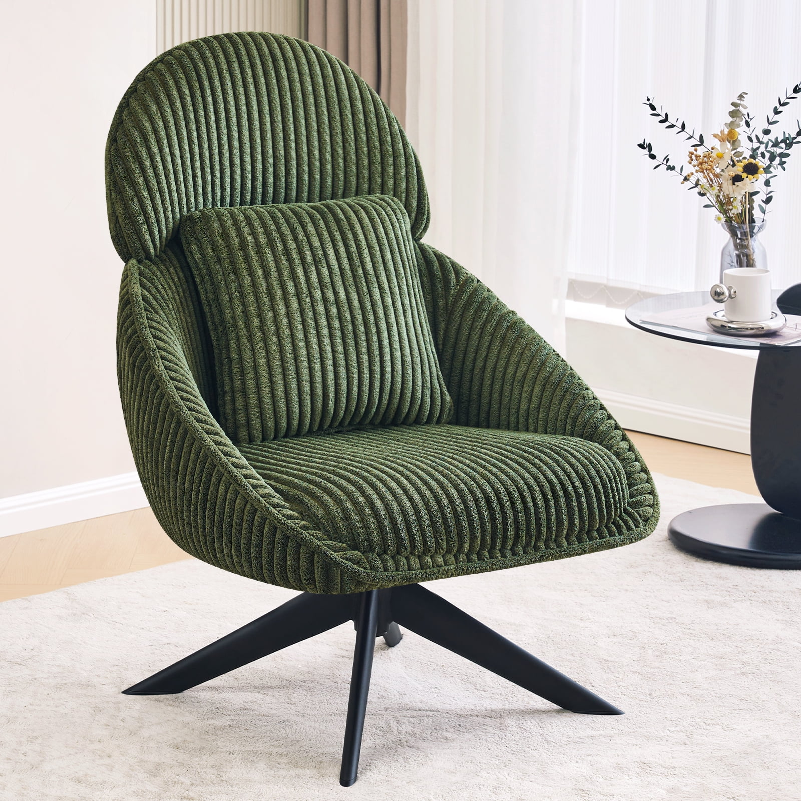 Green Corduroy Swivel Accent Chair with Pillow and Wood Base