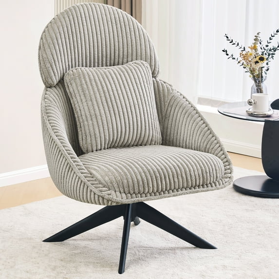 Furniliving Swivel Accent Chair with Pillow Corduroy Comfy Lounge Chair Lazy Chair for Living Room/Bedroom, Light Gray