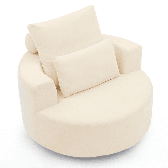 Furniliving Swivel Barrel Accent Chair, Round Arm chair with Two Pillows, Upholstered Single Sofa Chair, Chenille Fabric, Wood Base, Beige