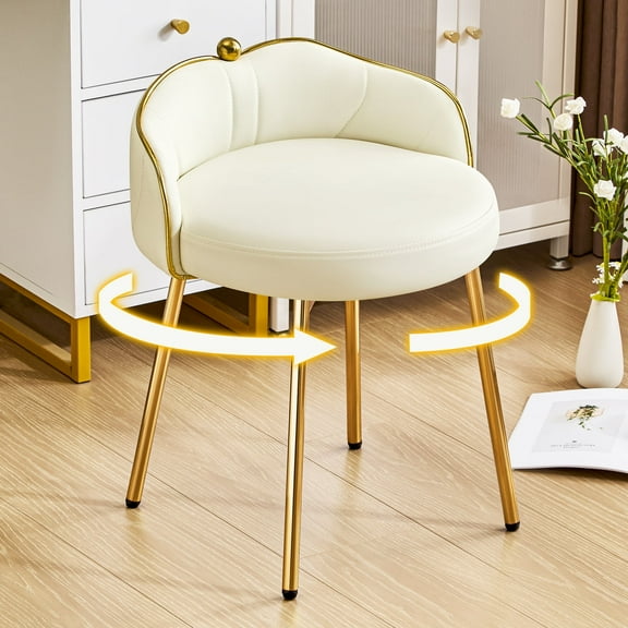Furniliving Swivel Vanity Makeup Chair, Comfy Accent Chair with Low Back, Faux Leather Small Makeup Stool for Living, Bedroom, Beige