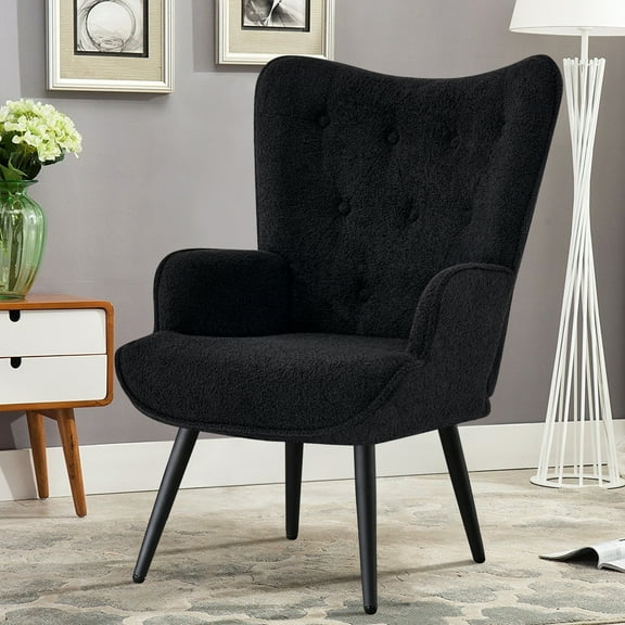 Furniliving Tufted Button Wingback Chair Upholstered Sherpa Accent Chair Leisure Club Chair, Black