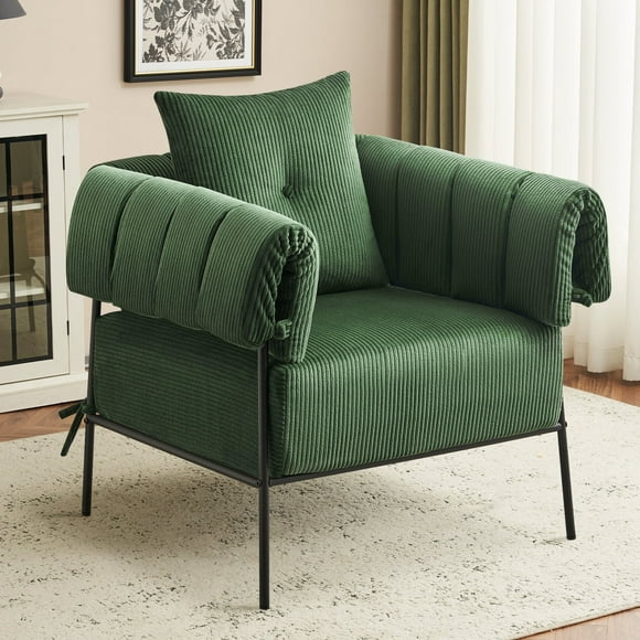 Furniliving Upholstered Accent Chair, Oversized Barrel Armchair with Thicker Seat Cushion and Pillow, Club Chair for Living Room Bedroom Makeup Room, Green