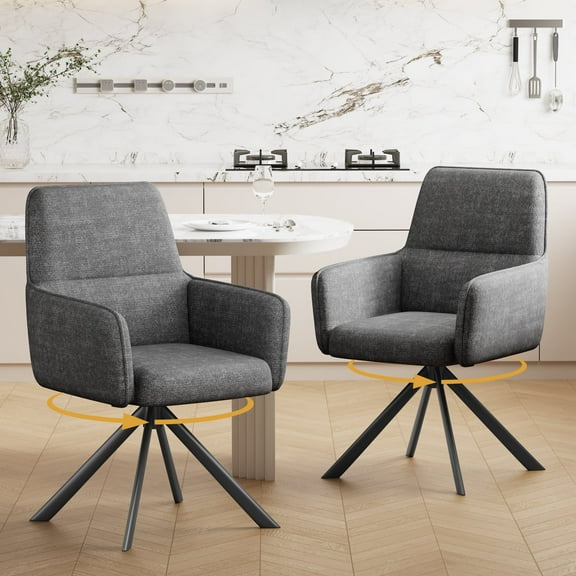 Furniliving Upholstered Dining Chairs Set of 2, 360°Swivel Dining Room Chairs with Thick Cushion & Metal Legs, Kitchen Chair for Living Room Dining Room, Dark Grey