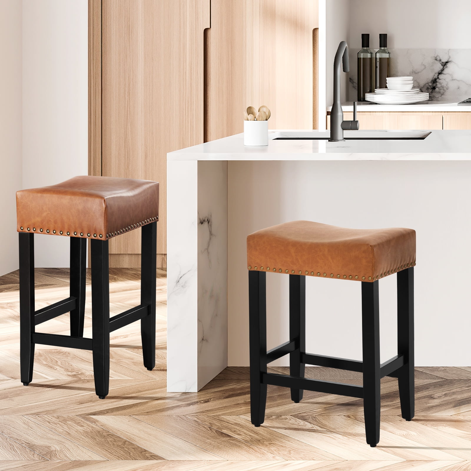 Furniliving Upholstered Saddle Bar Stool Set of 2 Counter Height Bar