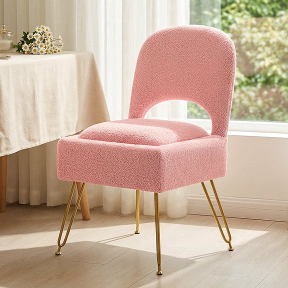 Furniliving Vanity Stool Chair with Storage and Folding Back, Faux Fur Makeup Ottoman, Makeup Chair with Anti-Slip Feet, Upholstered Footstool for Makeup, Bedroom, Pink