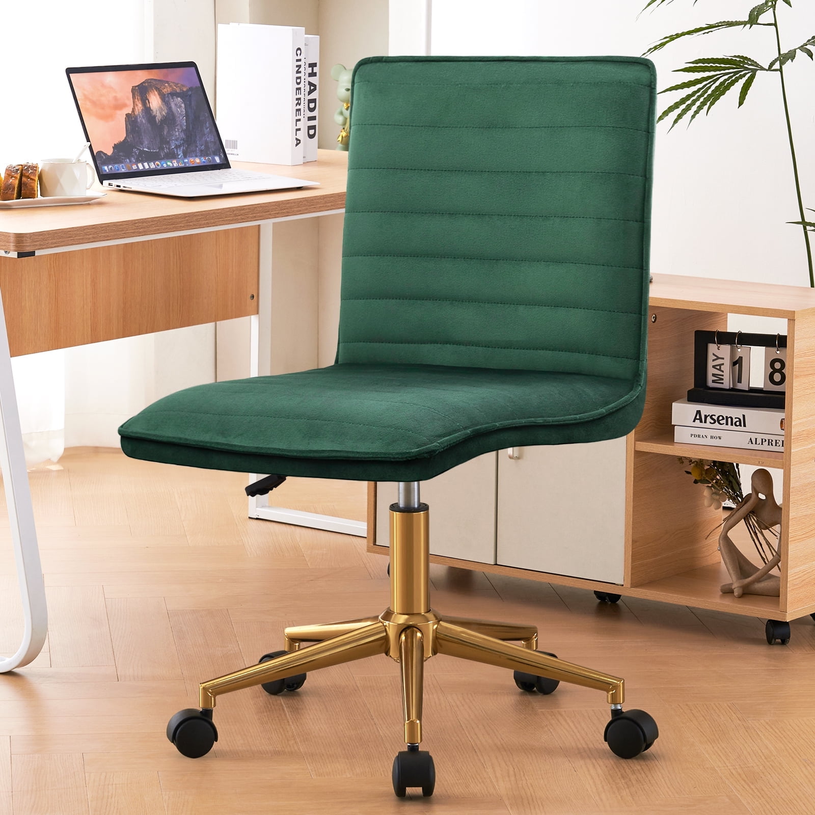 Furniliving Velvet Armless Mid-Back  Task Chair Swivel Office Chair Rolling Computer Chair Adjustable Vanity Chair, Dark Green