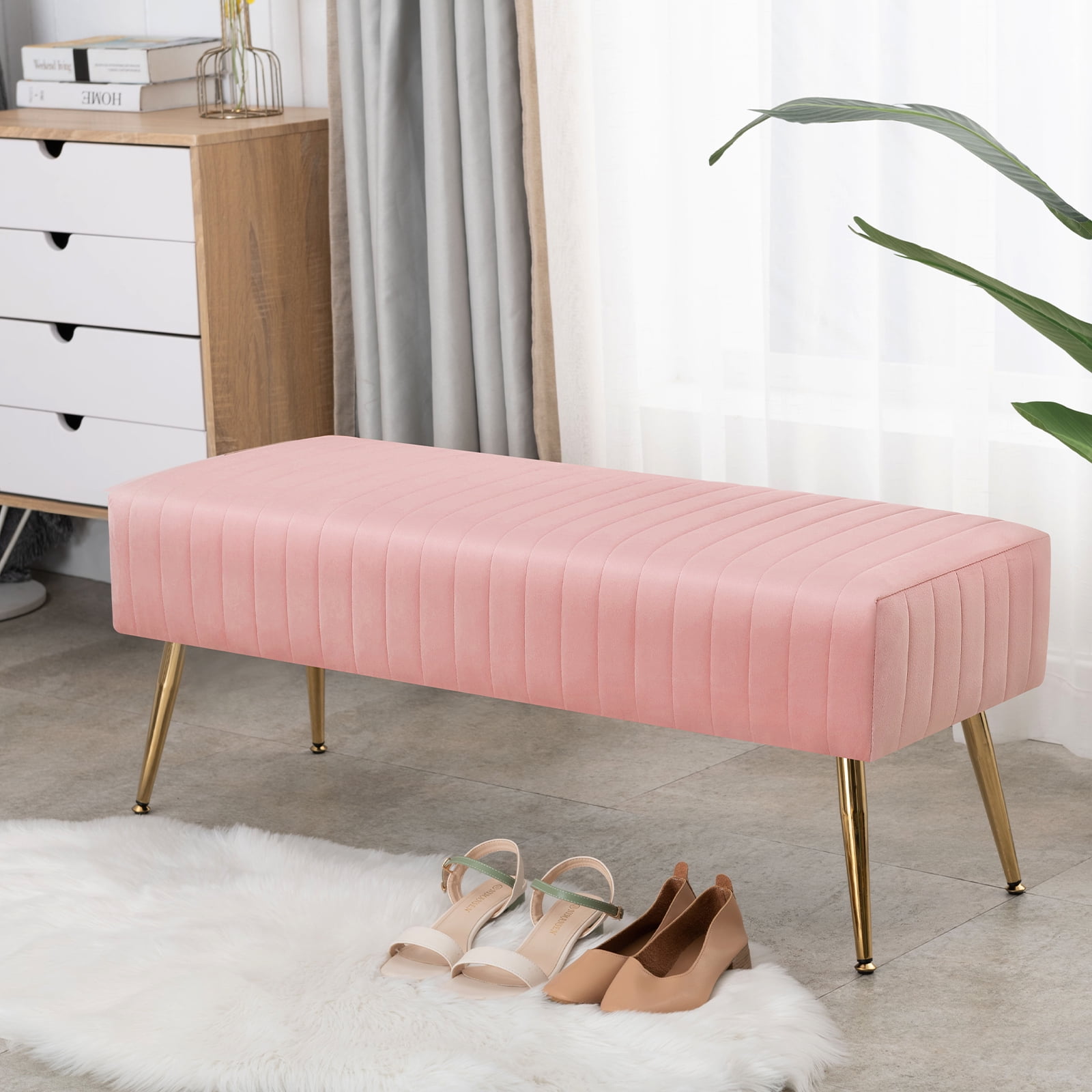 Pink Velvet Upholstered Bench with Gold Metal Legs
