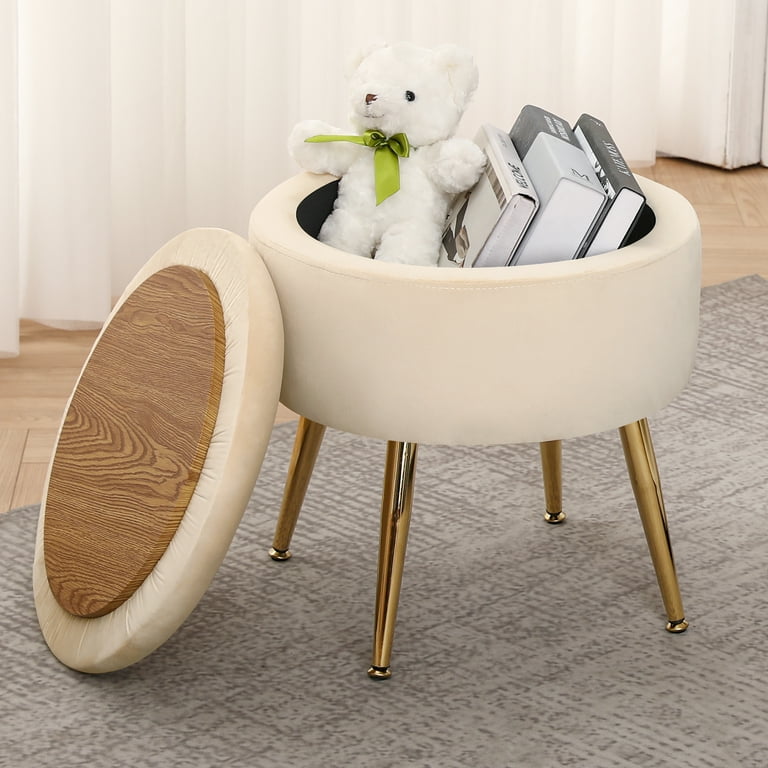 Furniliving Velvet Round Storage Stool Upholstered Footstool