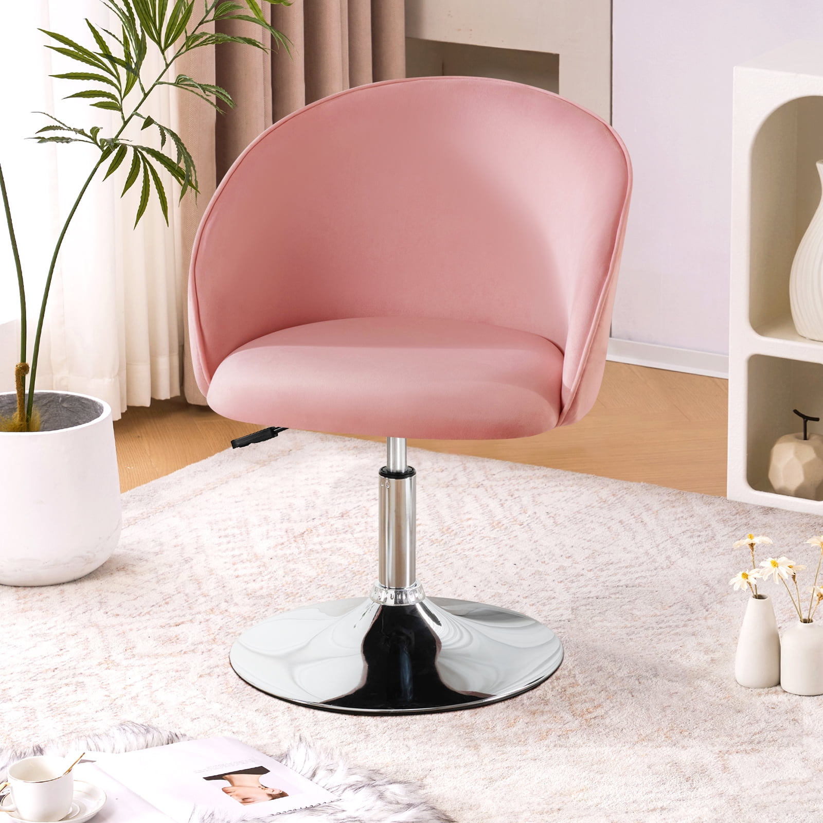 Pink Velvet Swivel Vanity Chair with Chrome Base