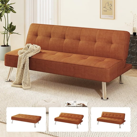 Furnimart Futon Sofa Bed, 66" Corduroy Convertible Futon Couch with 3-Position Adjustable Backrest, Solid Wood Frame Sleeper Sofa for Small Space, Living Room, Apartment, Office, Brown