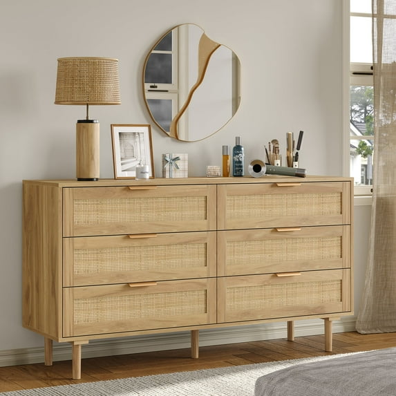 Furnihold 54'' Rattan Dresser for Bedroom 6 Drawers Dresser for Closet Wood Dresser Chest of Drawers, Wide Closet Dresser with Wood Legs for Living Room Hallway, Natural