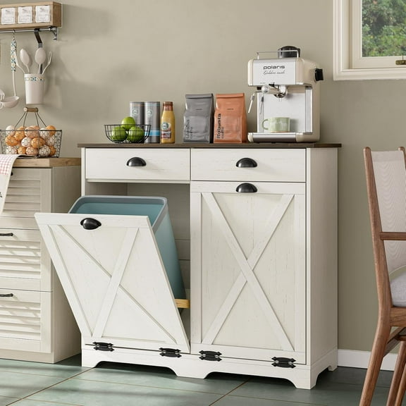 Furniouse Farmhouse Trash Can Cabinet 30 Gallon Free Standing Double Tilt Out Trash Bin Cabinet with Barn Doors & 2 Hideaway Drawers for Kitchen, Antique White