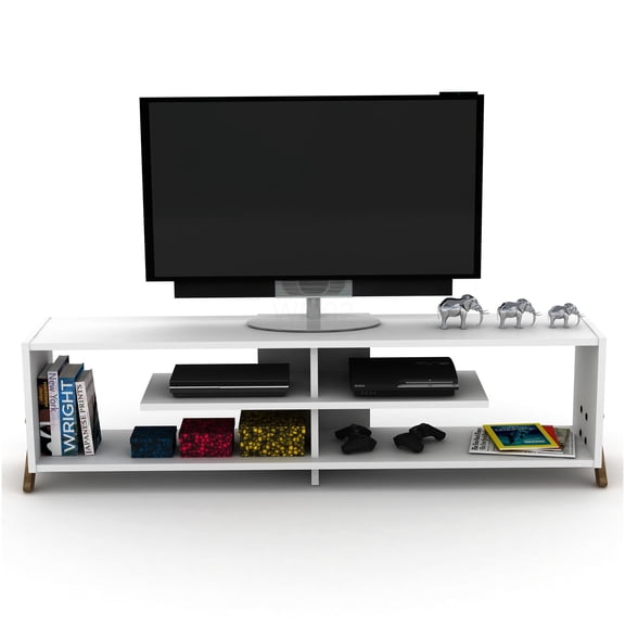 FurnisHome Mid Century Modern TV Stand with 4 Open Shelves, Walnut Finish Solid Wood Entertainment Center