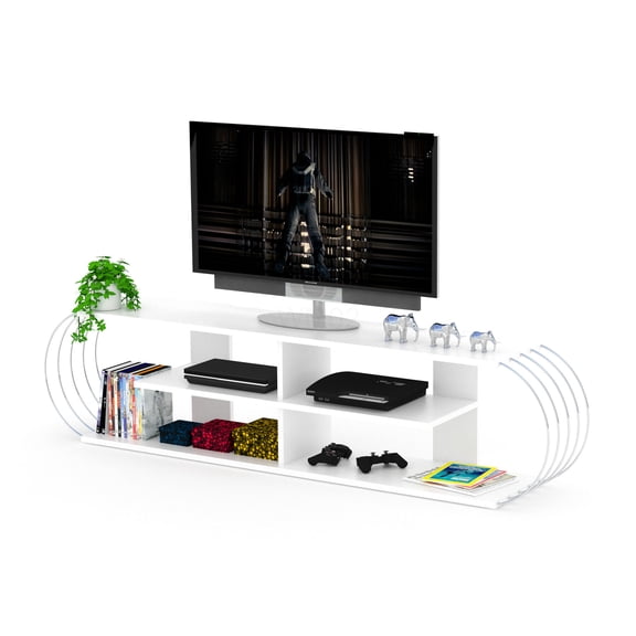 FurnisHome Store Mid Century Modern TV Stand 4 Open Shelves Entertainment Center Media Console with Chrome Legs, White